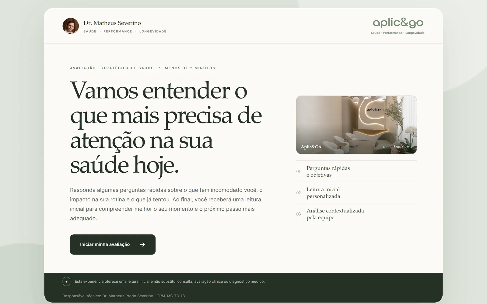 Página Avaliação Estratégica de Saúde da Aplic&Go no desktop