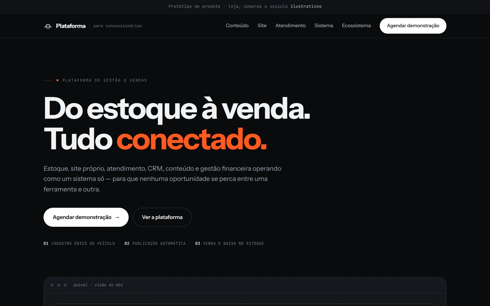 Demonstração da plataforma para concessionárias, primeira tela